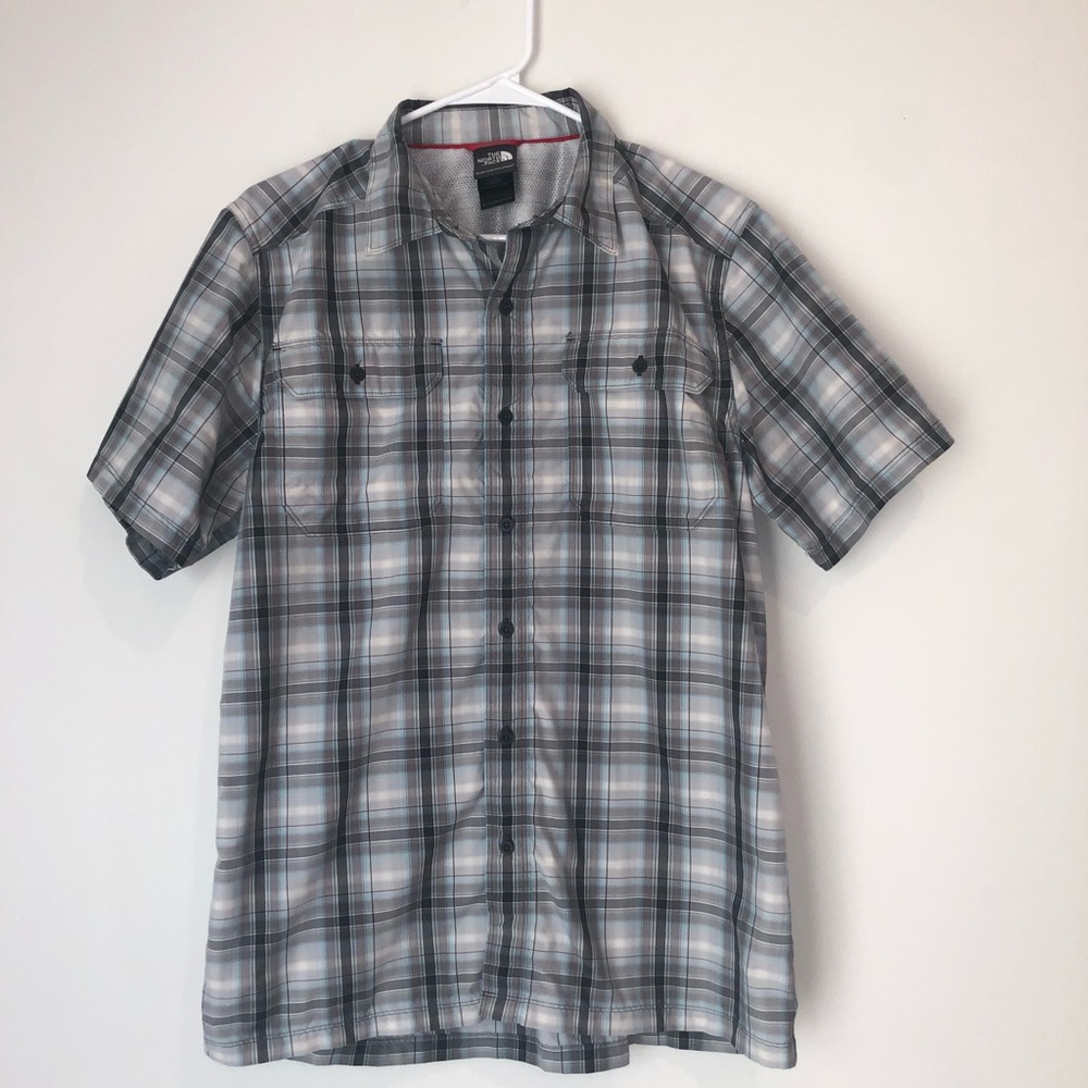 The North Face Men’s Medium Gray and Light Blue Plaid Fishing Shirt